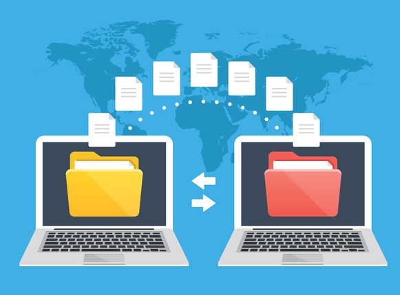 File transfer. Two laptops with folders on screen and transferred documents. Copy files, data exchange, backup, PC migration, file sharing concepts. Flat design graphic elements. Vector illustration